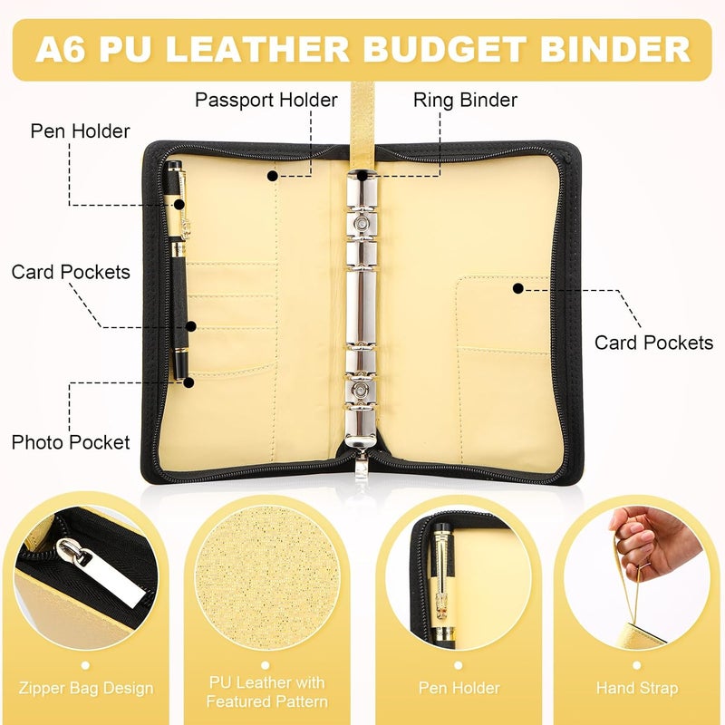 Toplive A6 Budget Binder with Zipper, 6 Ring Refillable Planner Binder Cover for A6 Cash Budget System, PU Leather Personal Organizer Personal Wallet Binder, Glitter Gold - Image 4